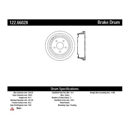 Centric Centric Premium Brake Drum, Centric Parts 122.66028 122.66028